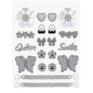 20pc Silver Bling Shoe Charms Designer Butterfly Flower Rhinestone Chains Set